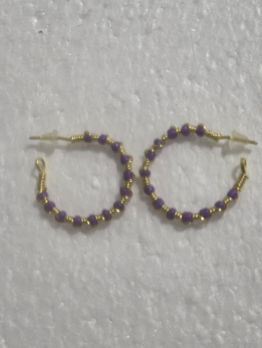 Handcrafted Gold Hoop Earrings with Purple Beads - Women's Jewelry